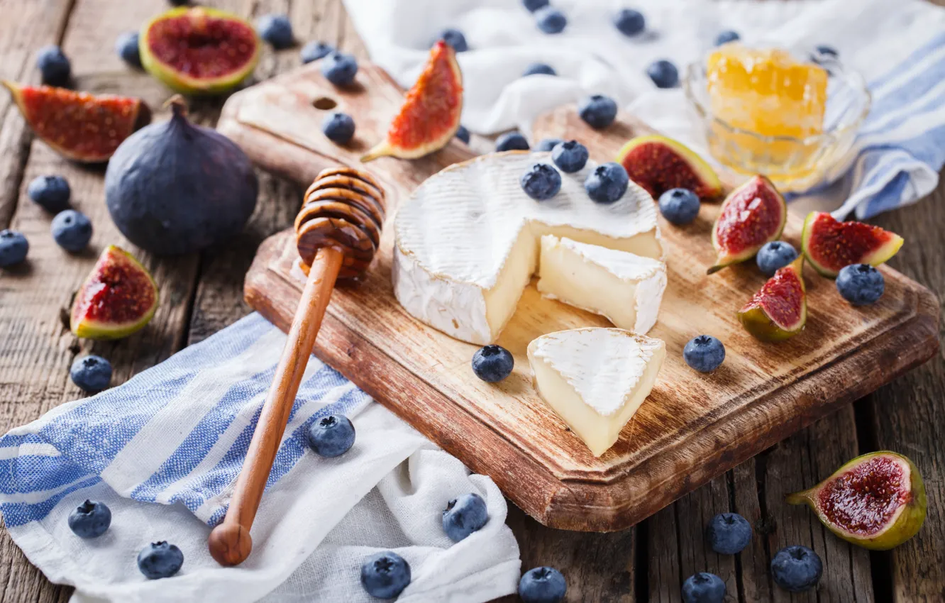 Photo wallpaper cheese, blueberries, honey, figs