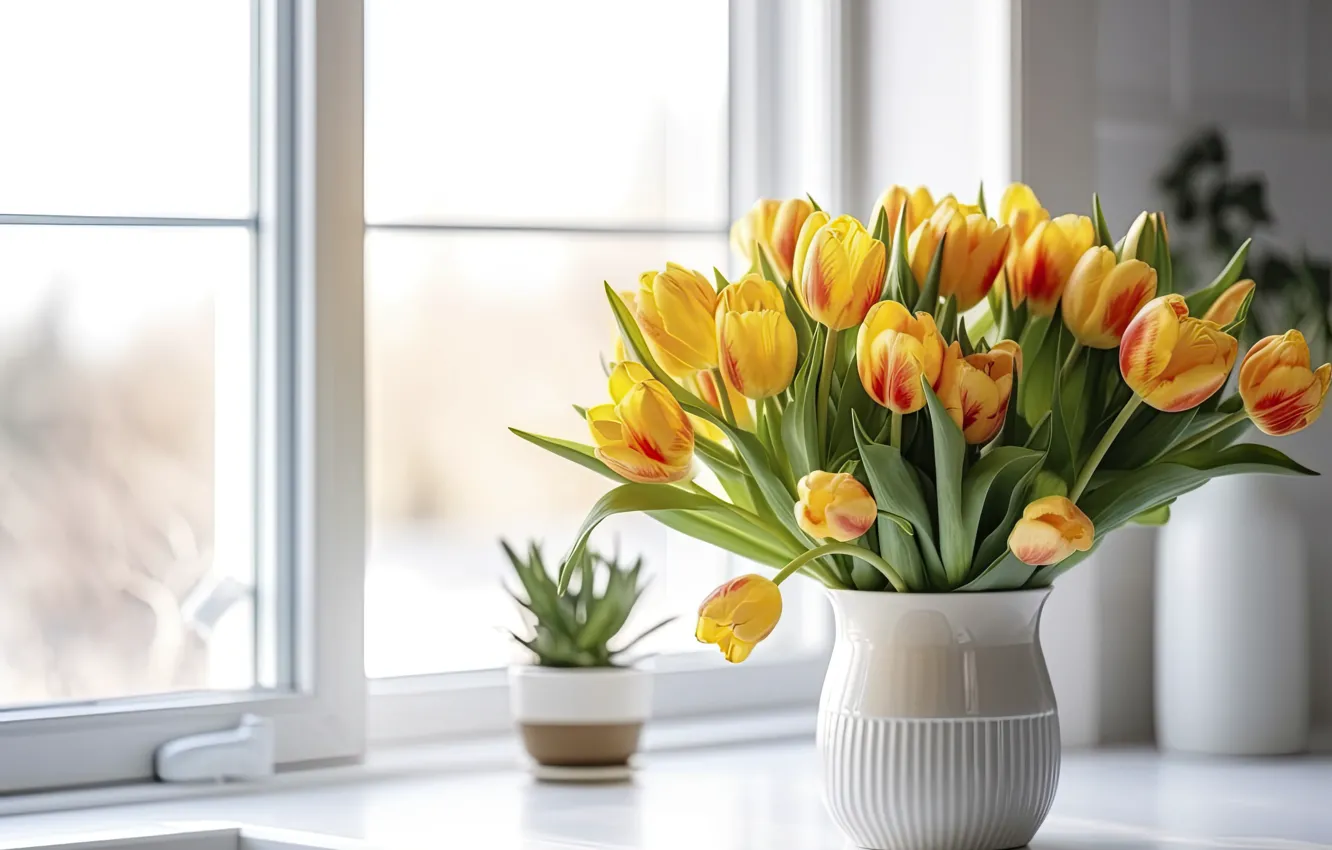 Photo wallpaper flowers, bouquet, spring, tulips, AI art, neural network