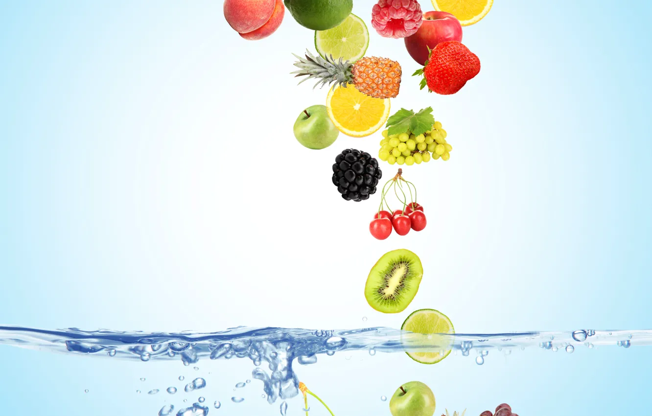 Photo wallpaper water, bubbles, cherry, berries, raspberry, background, blue, lemon