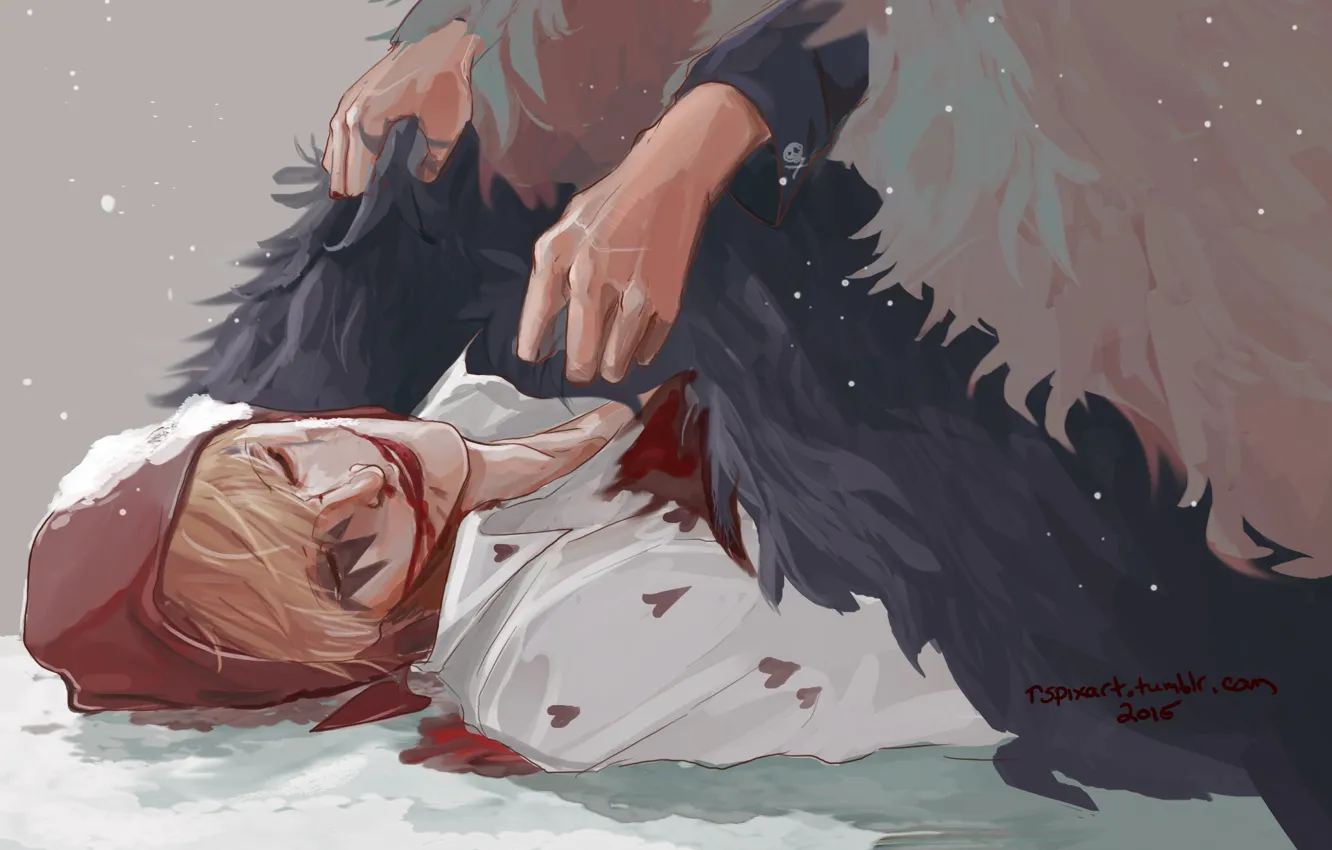 Photo wallpaper blood, hat, feathers, hands, art, Anime, guy, Anime