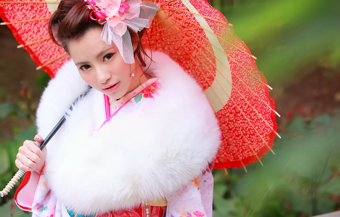 Photo wallpaper look, face, umbrella, clothing, kimono, Asian