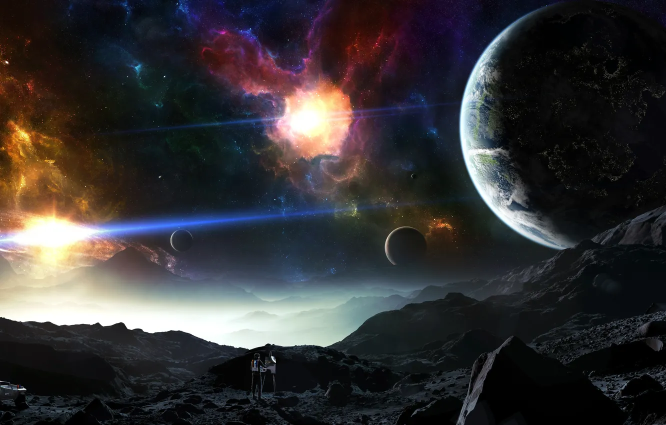 Photo wallpaper space, mountains, nebula, planet, artist, car, HellsEscapeArtist