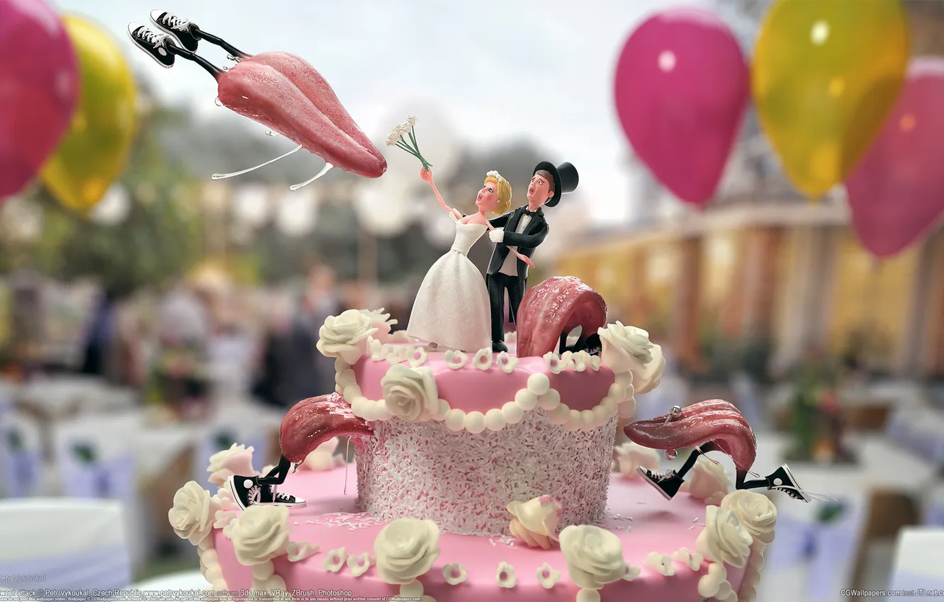 Photo wallpaper language, balloons, attack, cake, the bride, cream, sneakers, wedding