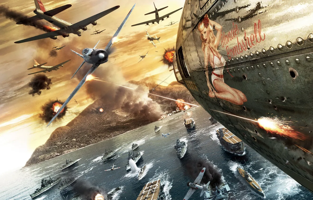 Photo wallpaper the ocean, fighter, the carrier, bomber, cruiser, dogfight, The Pacific ocean, sea battle