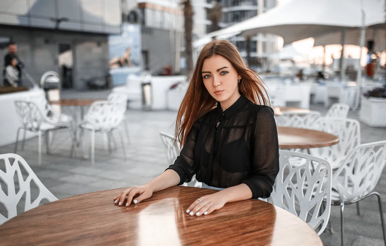 Photo wallpaper girl, city, table, model, chairs, cafe, shirt, sexy