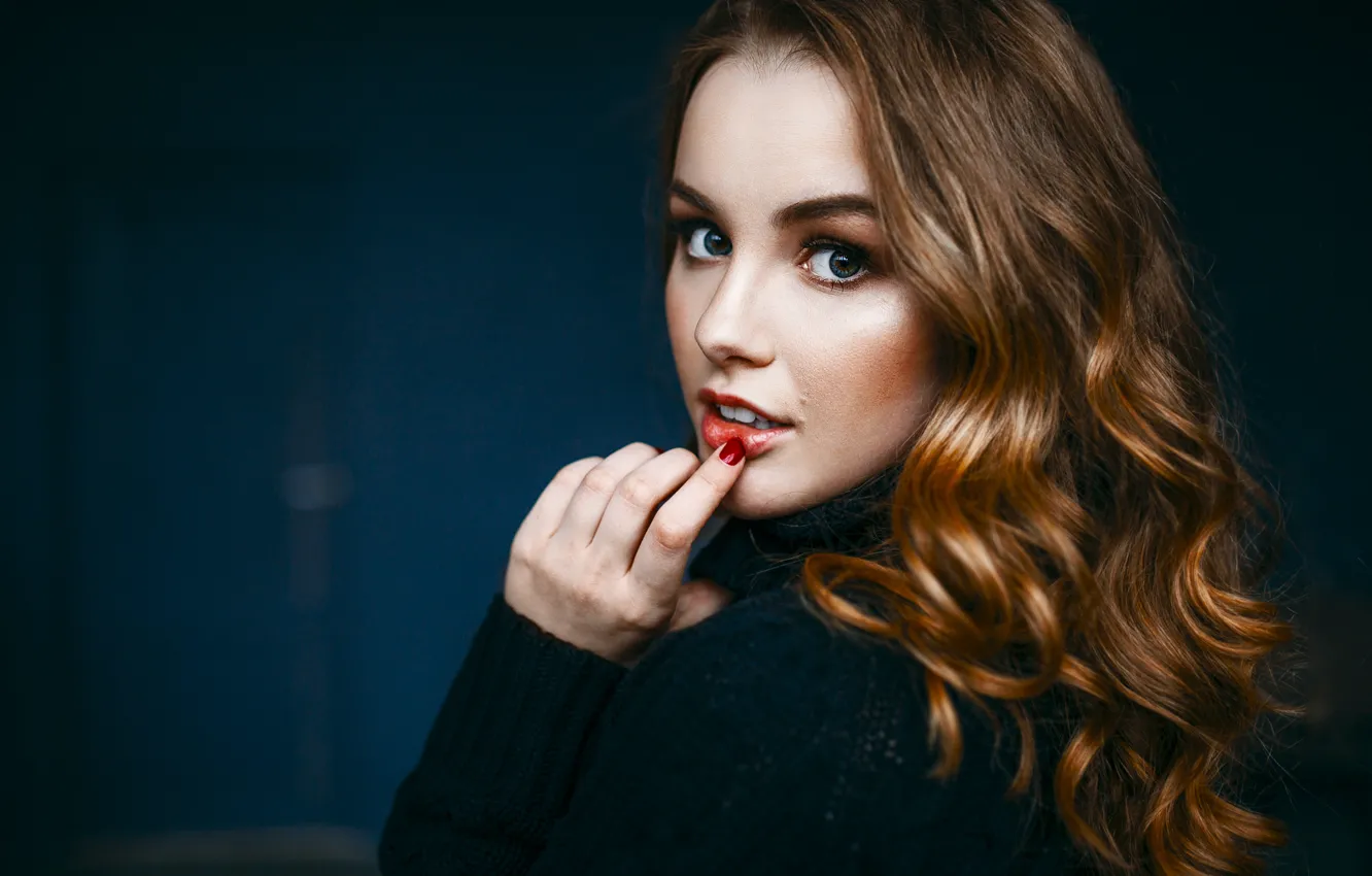 Photo wallpaper look, girl, joy, feelings, portrait, makeup, touch, red