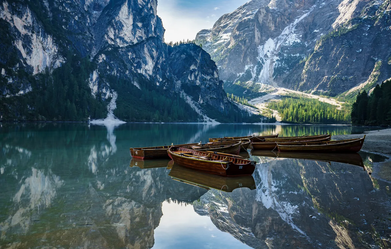 Photo wallpaper mountains, lake, boat, Italy, The Dolomites