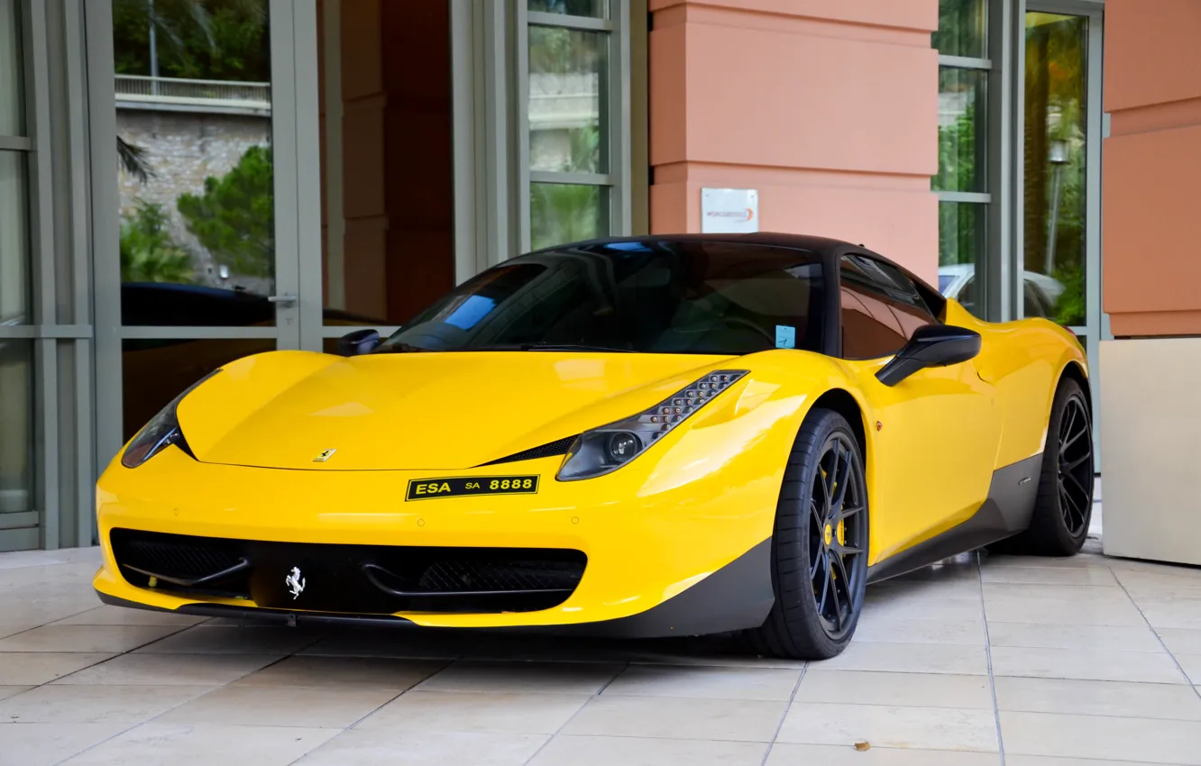 Photo wallpaper yellow, tuning, Windows, the door, mirror, ferrari, Ferrari, front view