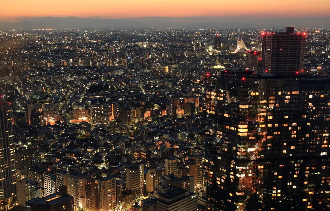 Photo wallpaper night, the city, lights, building, dal, skyscrapers, Japan, horizon