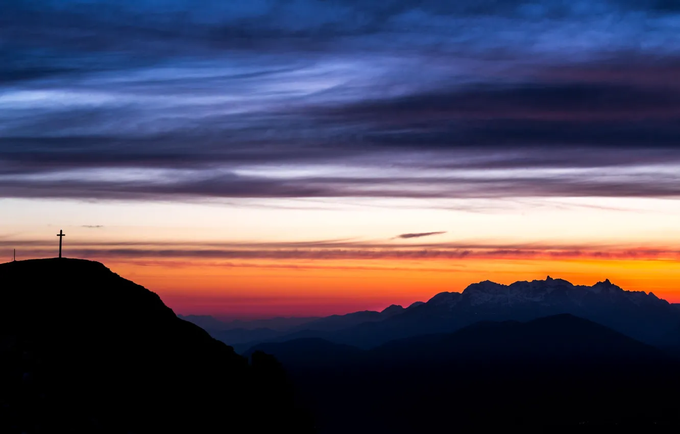 Photo wallpaper clouds, snow, landscape, mountains, dawn