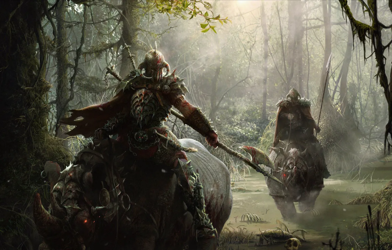 Photo wallpaper forest, weapons, swamp, warriors, riders, rhinos
