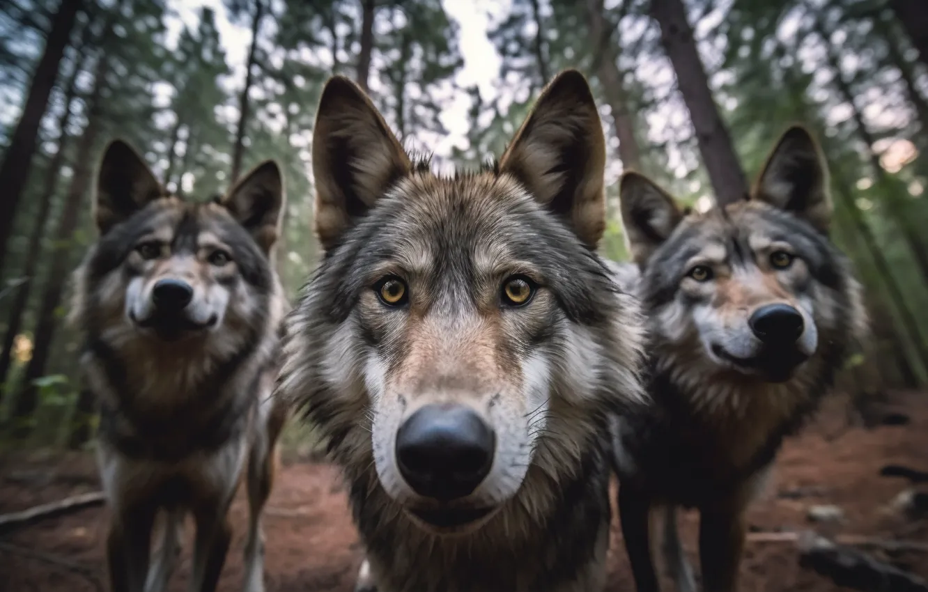 Photo wallpaper forest, look, face, trees, nature, pose, grey, wolf