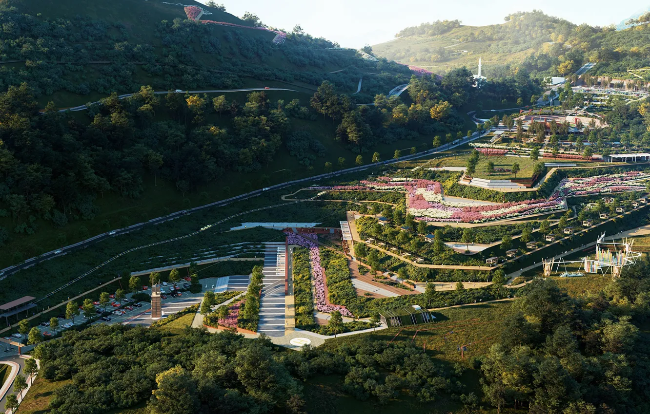 Photo wallpaper Park, mountains, Incredible Lanscape Project, forest, road