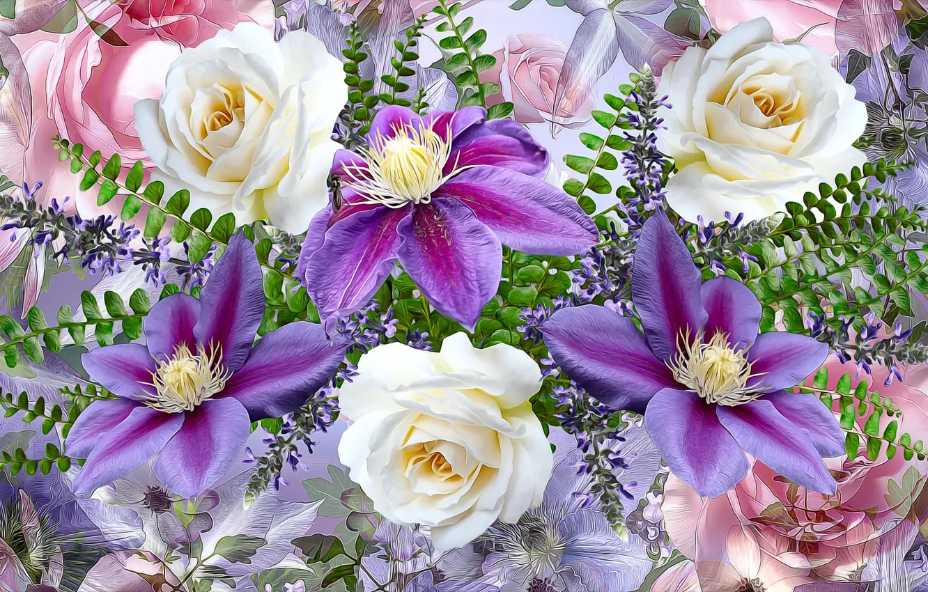 Photo wallpaper Flowers, Roses, clematis