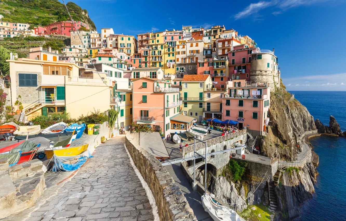 Photo wallpaper rocks, home, boats, Italy, Manarola, Cinque Terre, The Ligurian coast