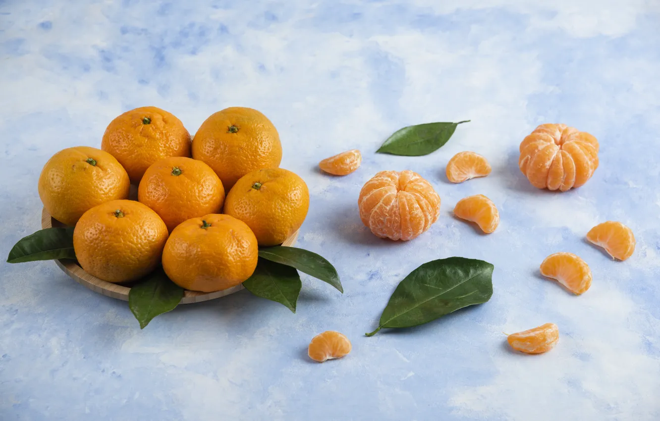 Photo wallpaper leaves, citrus, placer, blue background, slices, tray, composition, tangerines