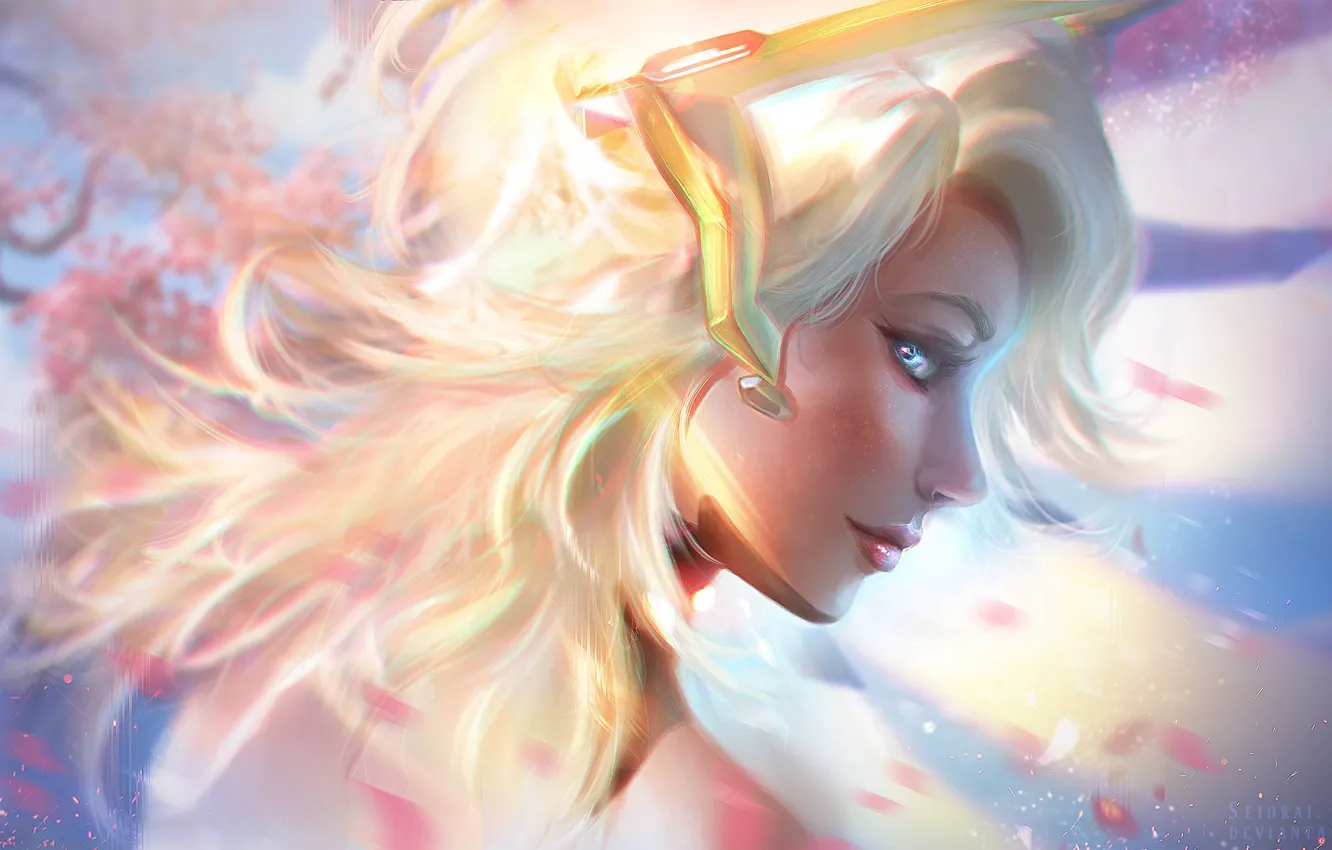Photo wallpaper the sky, girl, art, Mercy, by Seiorai, Оverwatch
