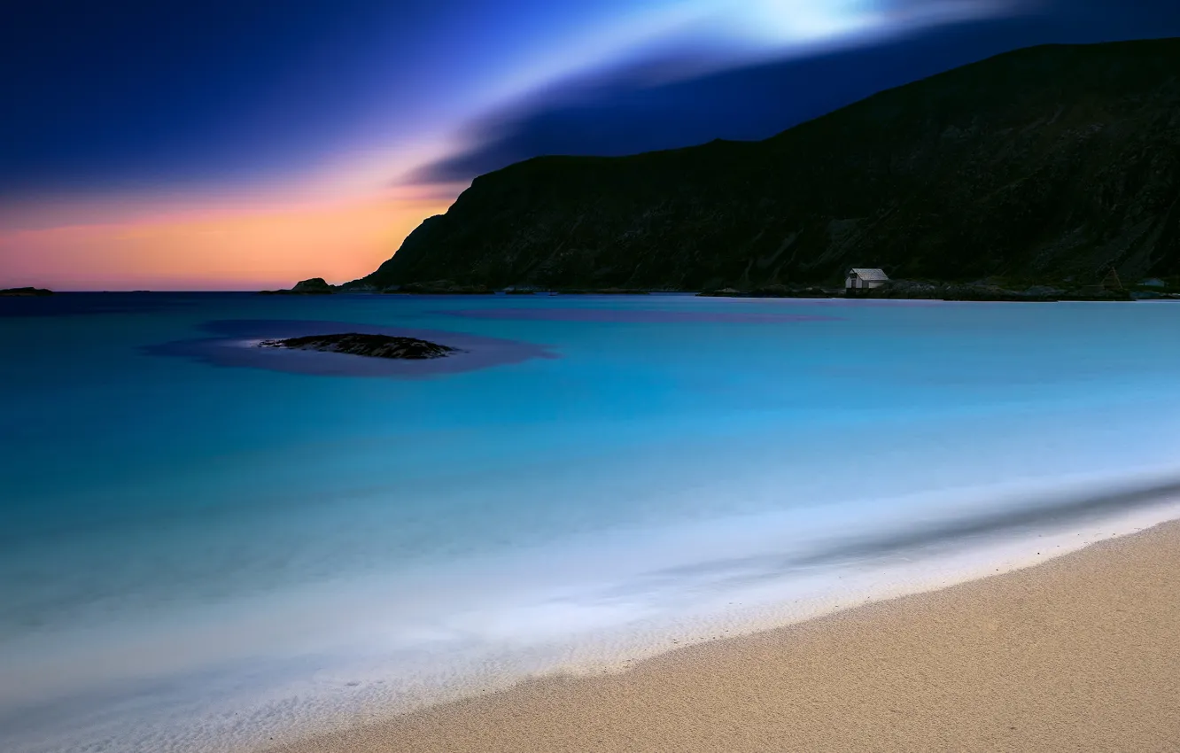 Photo wallpaper sand, sea, beach, mountains, night, rocks, shore, Norway