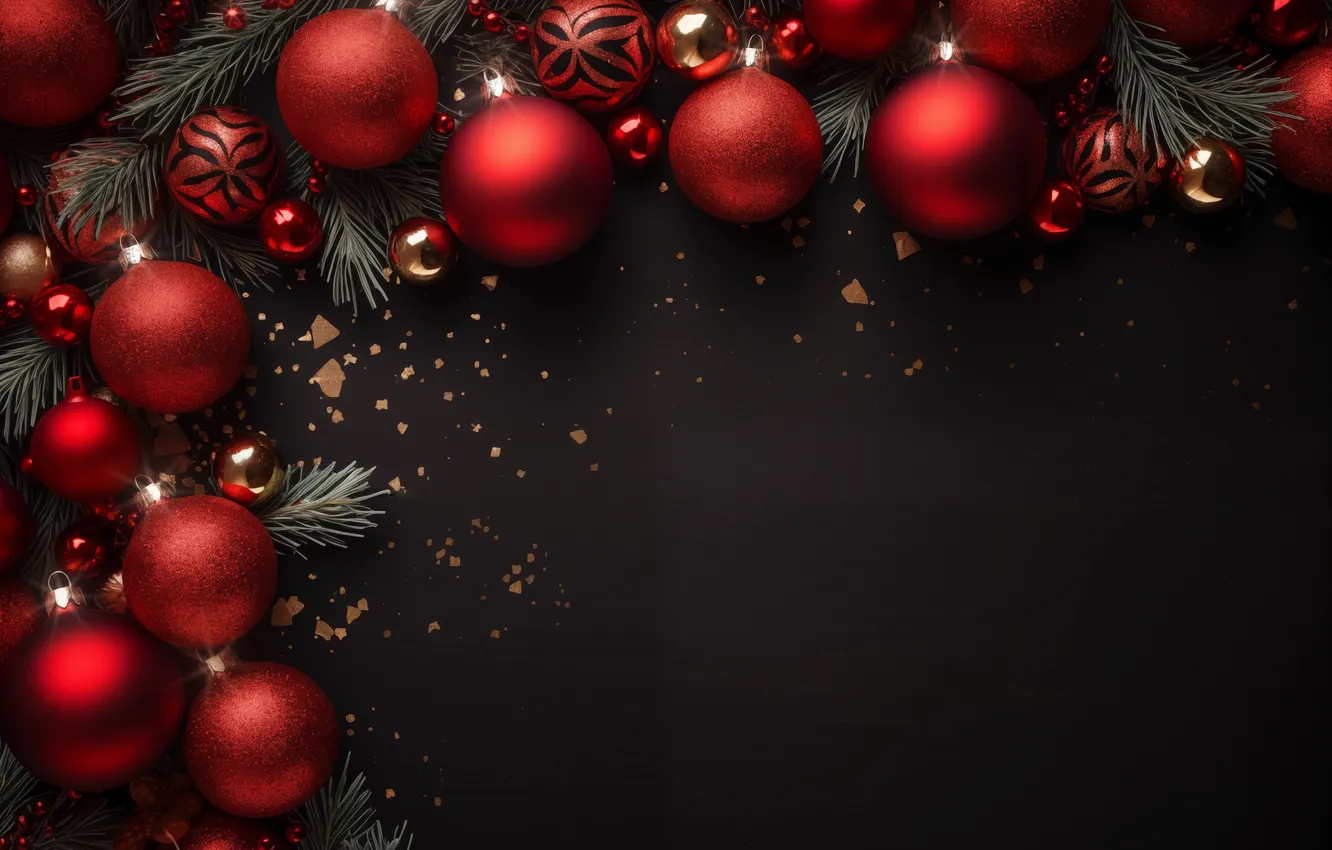 Photo wallpaper balls, branches, new year, needles