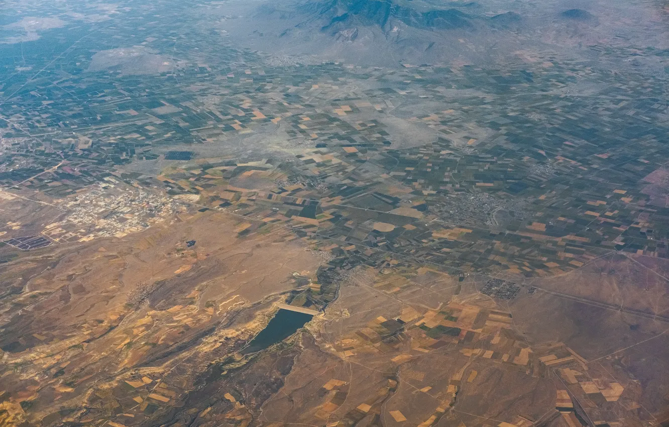 Photo wallpaper field, flight, mountains, space, river, earth, planet, height