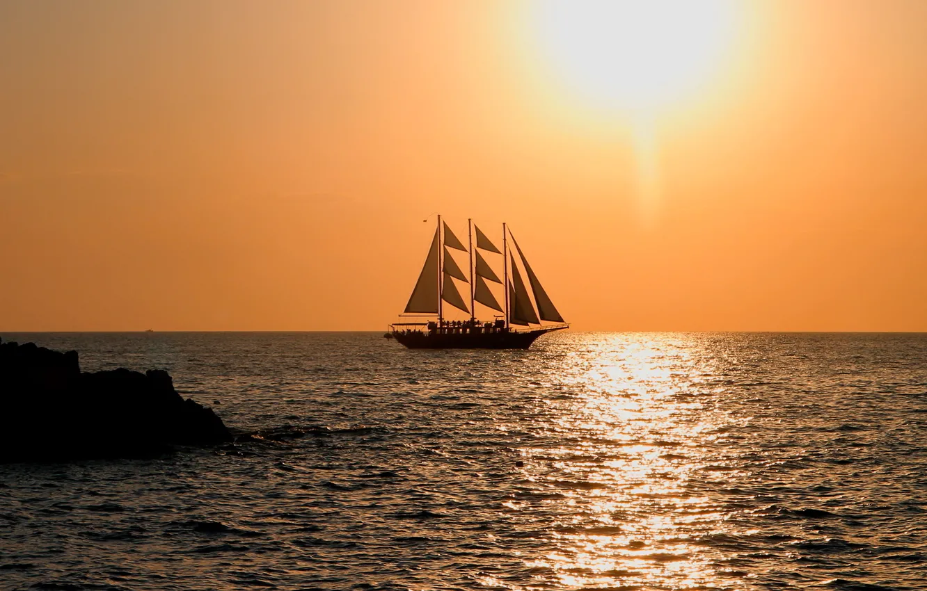 Photo wallpaper the ocean, sailboat, the evening, evening, sun, sailboat