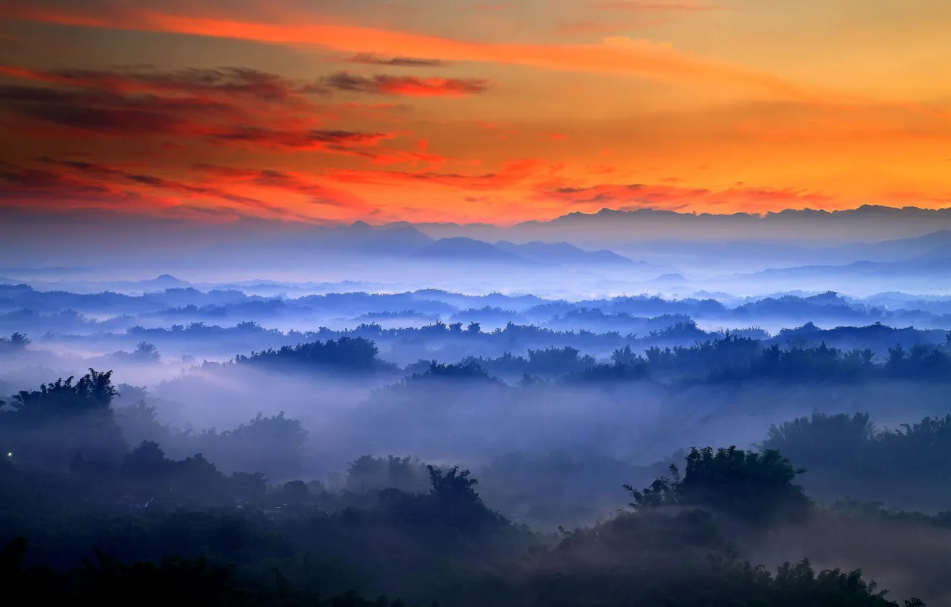 Photo wallpaper morning, fog, sunrise, mist, Valley