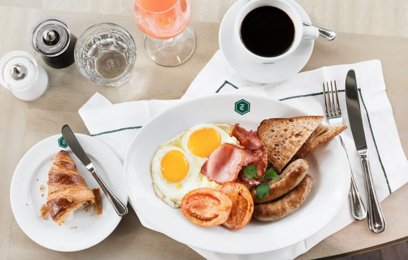 Photo wallpaper coffee, eggs, Breakfast, scrambled eggs, bacon, croissant, sausages, toast