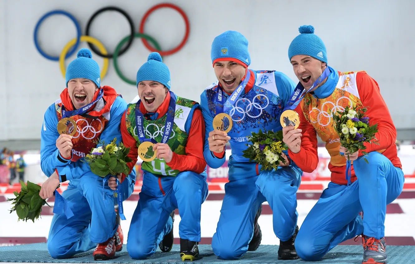 Photo wallpaper Russia, champion, Sochi 2014, The XXII Winter Olympic Games, Anton Shipulin, Biathlon relay, Evgeny Ustyugov, …