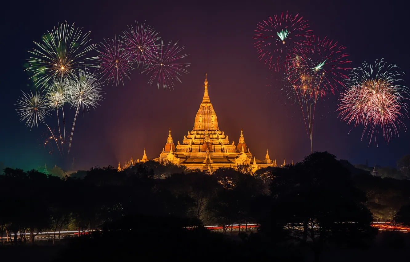 Photo wallpaper light, pagoda, fireworks, golden, road, night, asia, fireworks