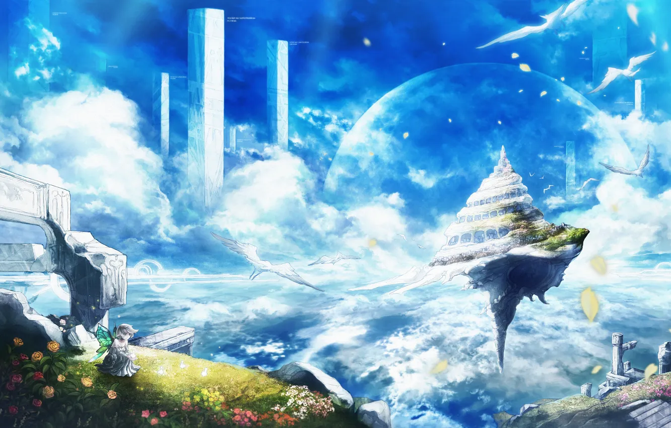 Photo wallpaper the sky, clouds, landscape, the city, rocks, wings, art, girl