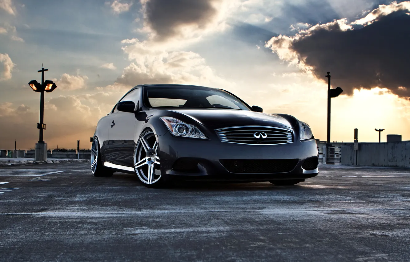 Photo wallpaper the sky, the sun, clouds, sunset, black, Infiniti, Parking, black