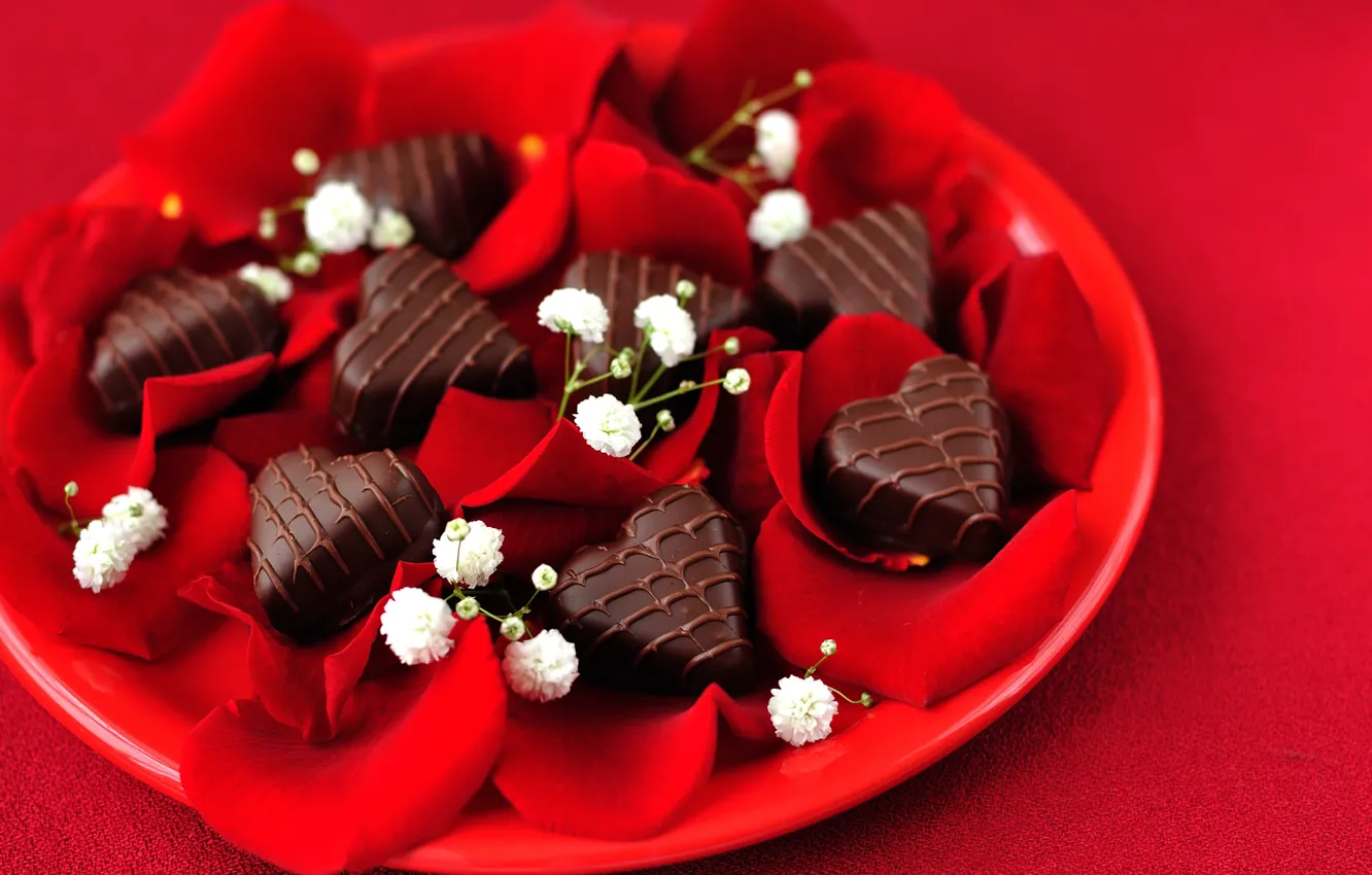 Photo wallpaper red, background, petals, plate, candy, hearts, Valentine's day, bokeh