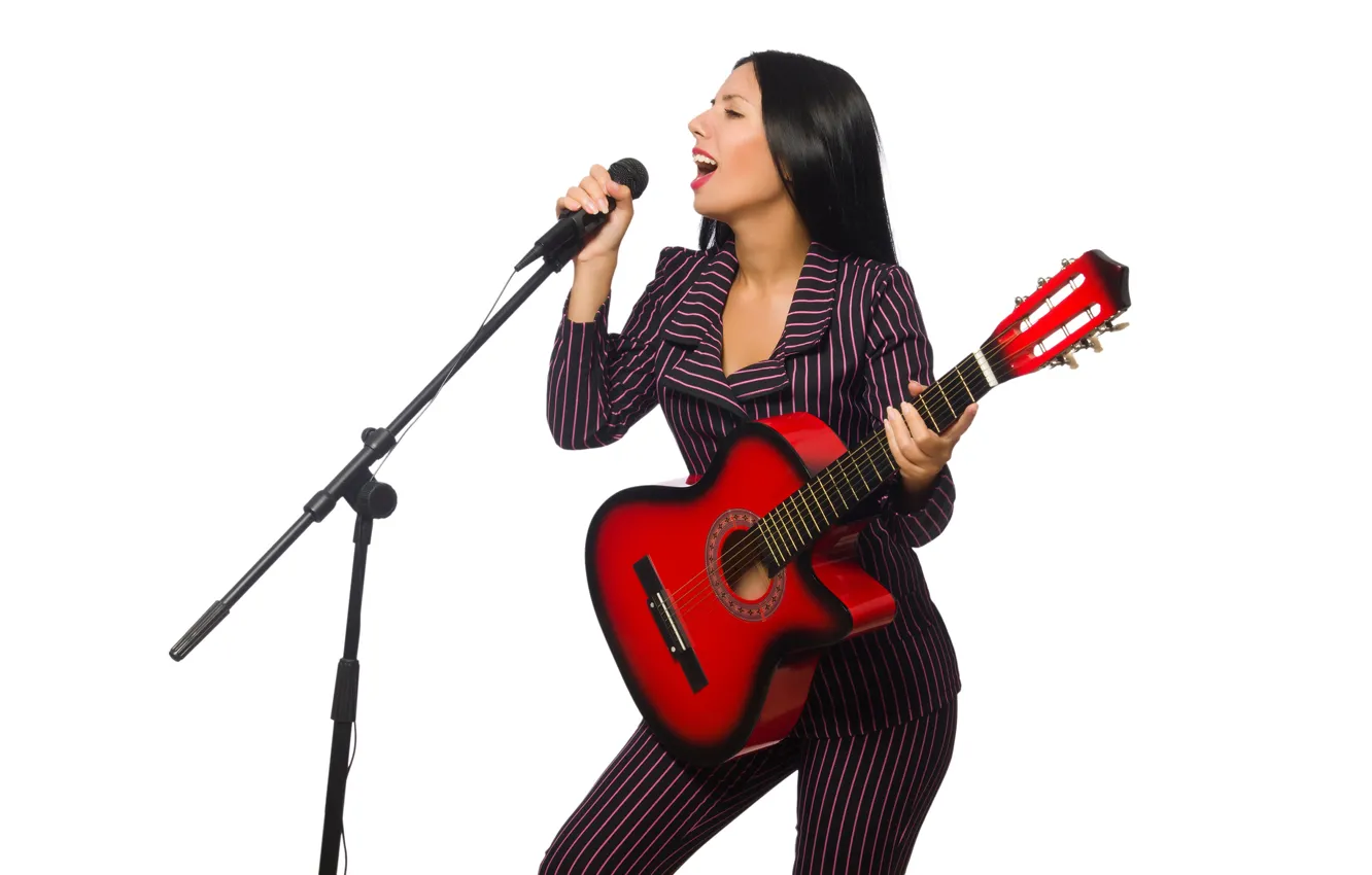 Photo wallpaper girl, guitar, makeup, brunette, hairstyle, costume, white background, microphone
