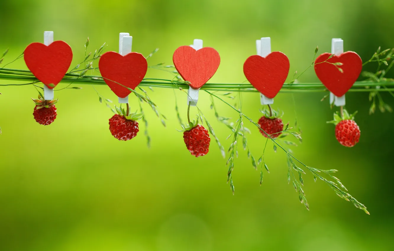 Photo wallpaper berries, background, mood, strawberries, hearts, clothespins, a blade of grass
