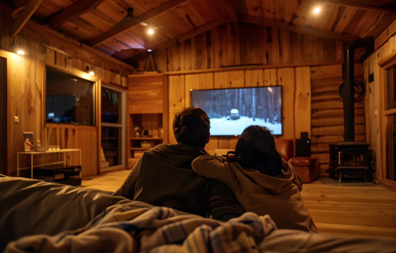 Photo wallpaper girl, comfort, room, home, TV, pair, lamp, guy