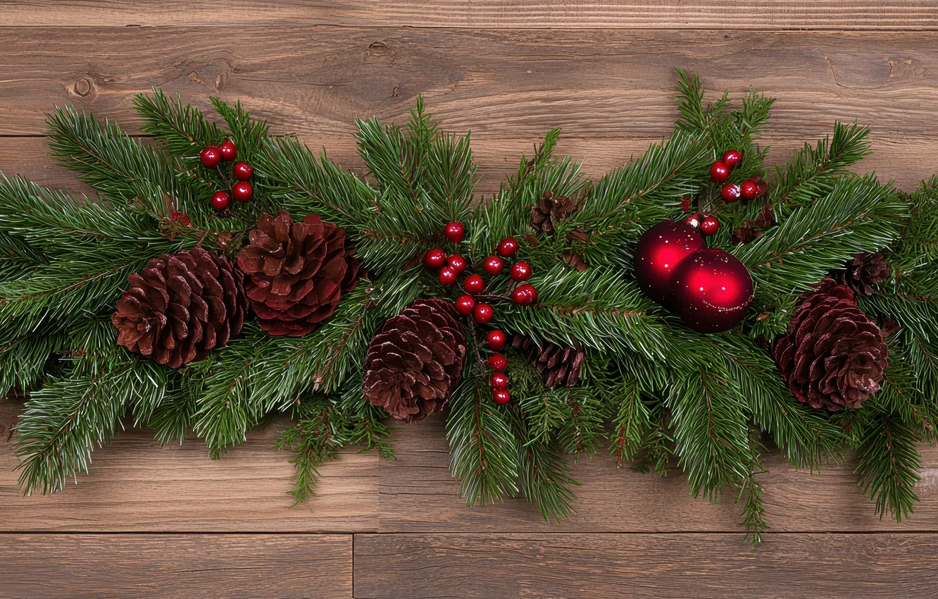 Photo wallpaper balls, red, berries, Board, new year, fruit, Christmas, Christmas decorations