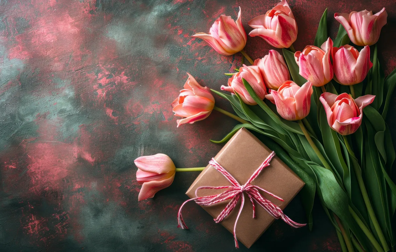 Photo wallpaper flowers, holiday, bouquet, spring, tulips, AI art, universal holiday background, neural network