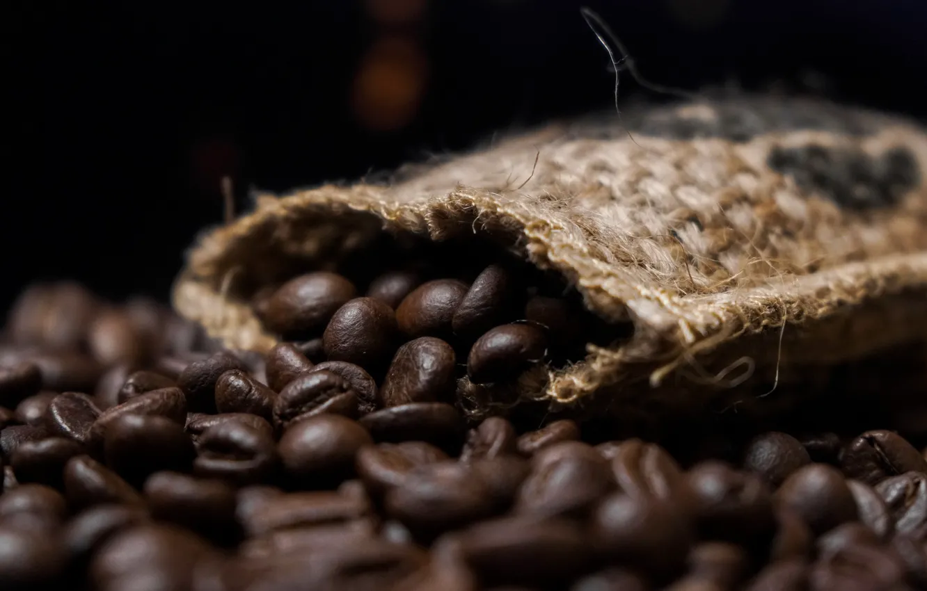 Photo wallpaper macro, a lot, coffee, bokeh, coffee beans, bag, placer