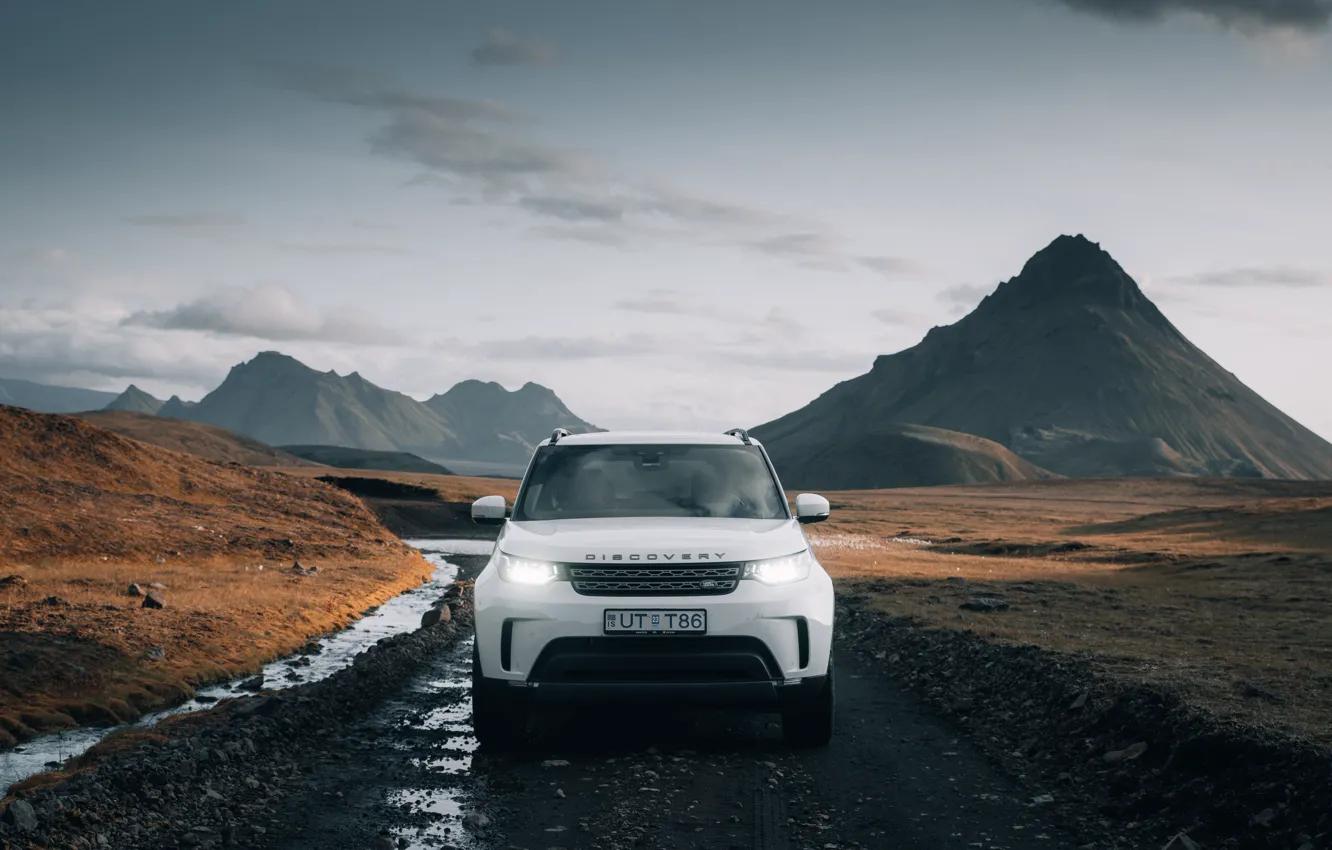 Photo wallpaper Land Rover, Range Rover, Clouds, Discovery, Water, Mountain, Lights, Offroad