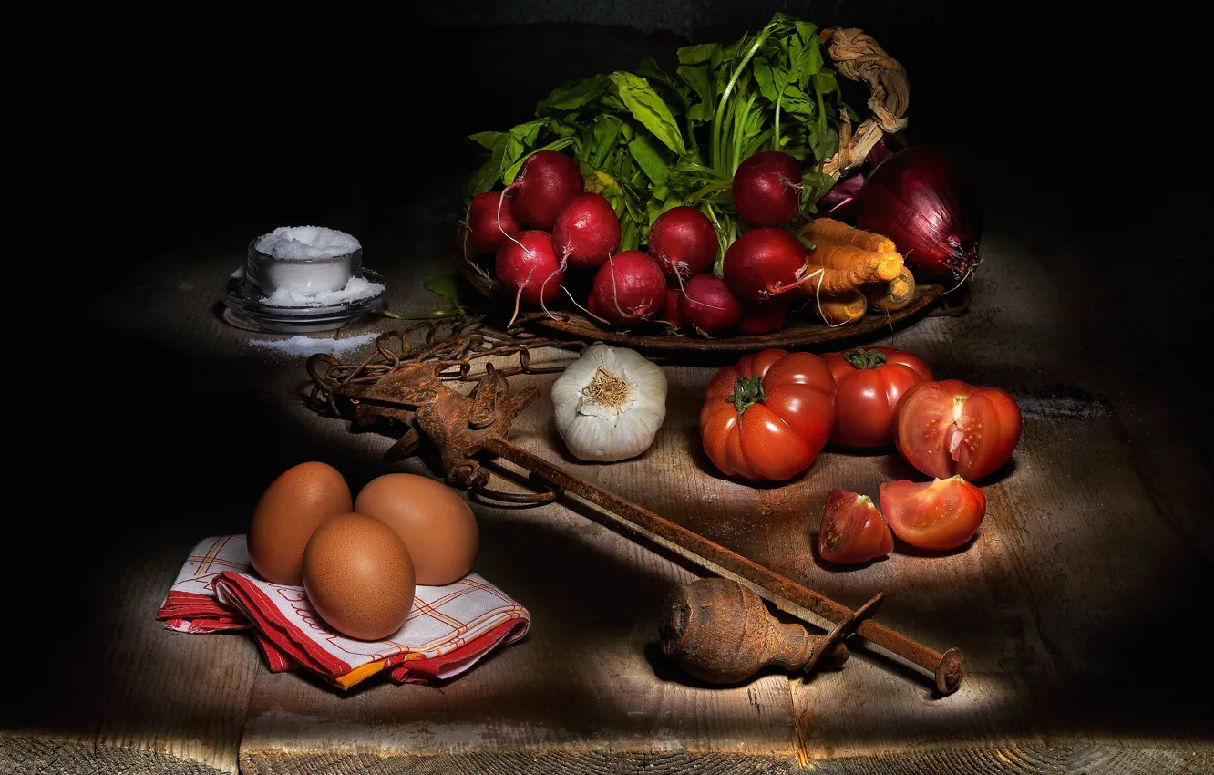 Photo wallpaper food, eggs, bow, black background, still life, vegetables, tomatoes, items