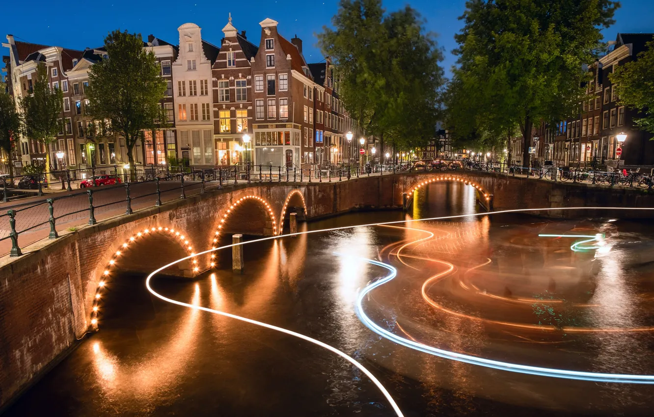 Photo wallpaper light, night, the city, lights, Amsterdam, channel, Netherlands