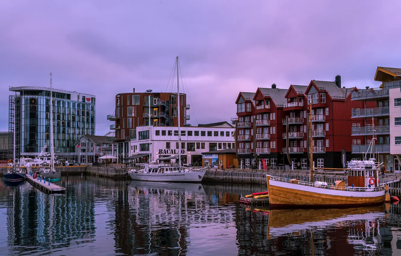 Photo wallpaper home, Bay, the evening, yacht, pier, Norway, Bay, The Lofoten Islands