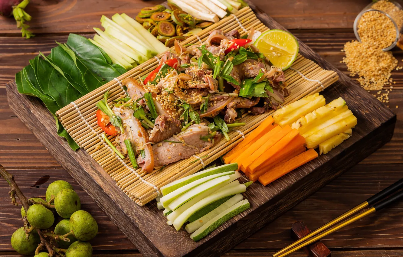 Photo wallpaper meat, vegetables, cutting, cuts
