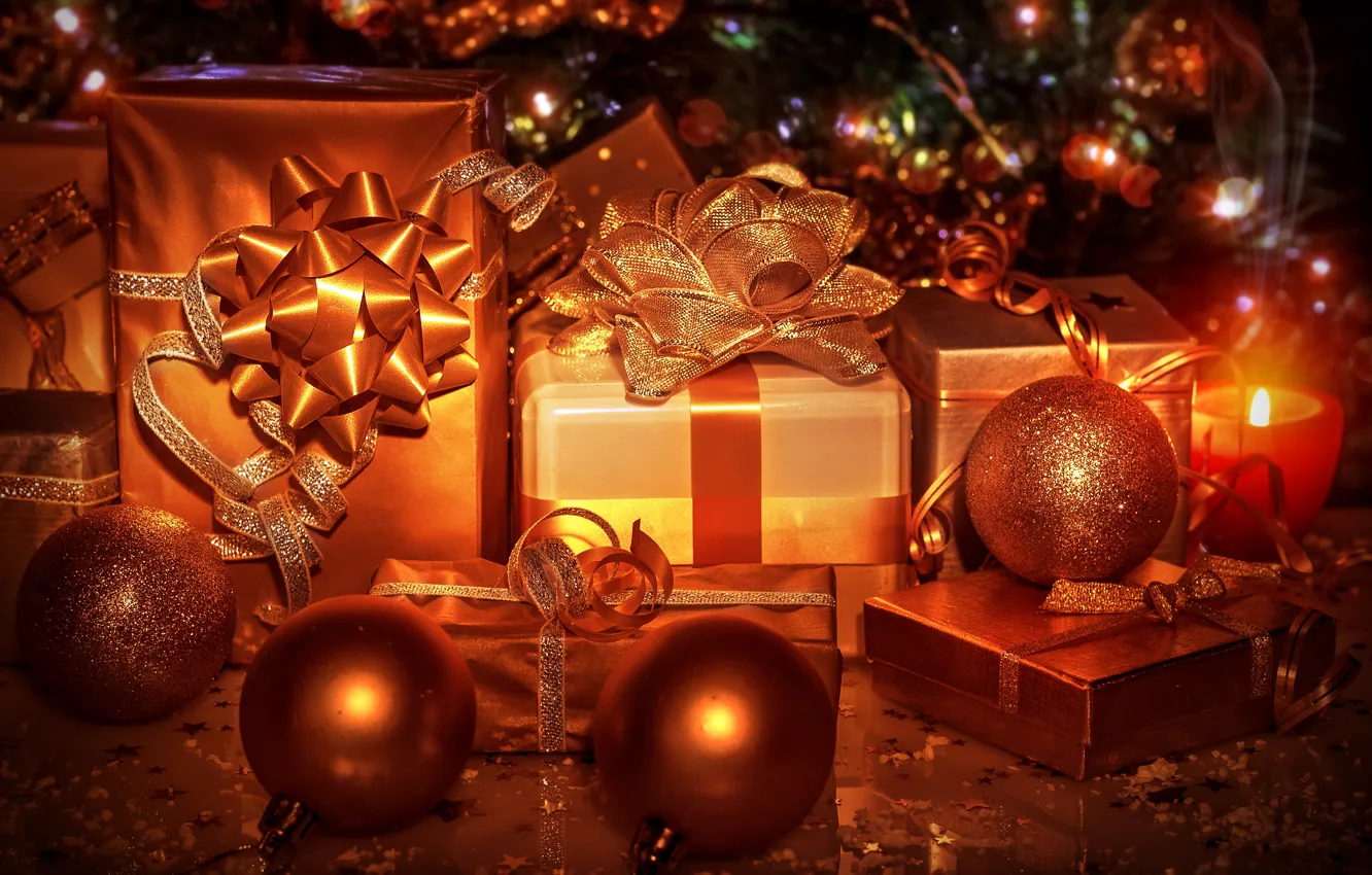 Photo wallpaper winter, balls, light, lights, box, gift, toy, tree