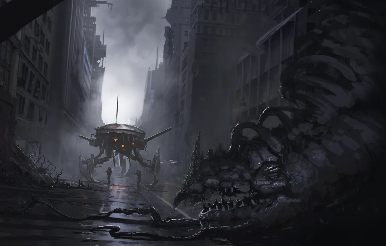 Photo wallpaper road, future, fiction, street, building, monster, being, art