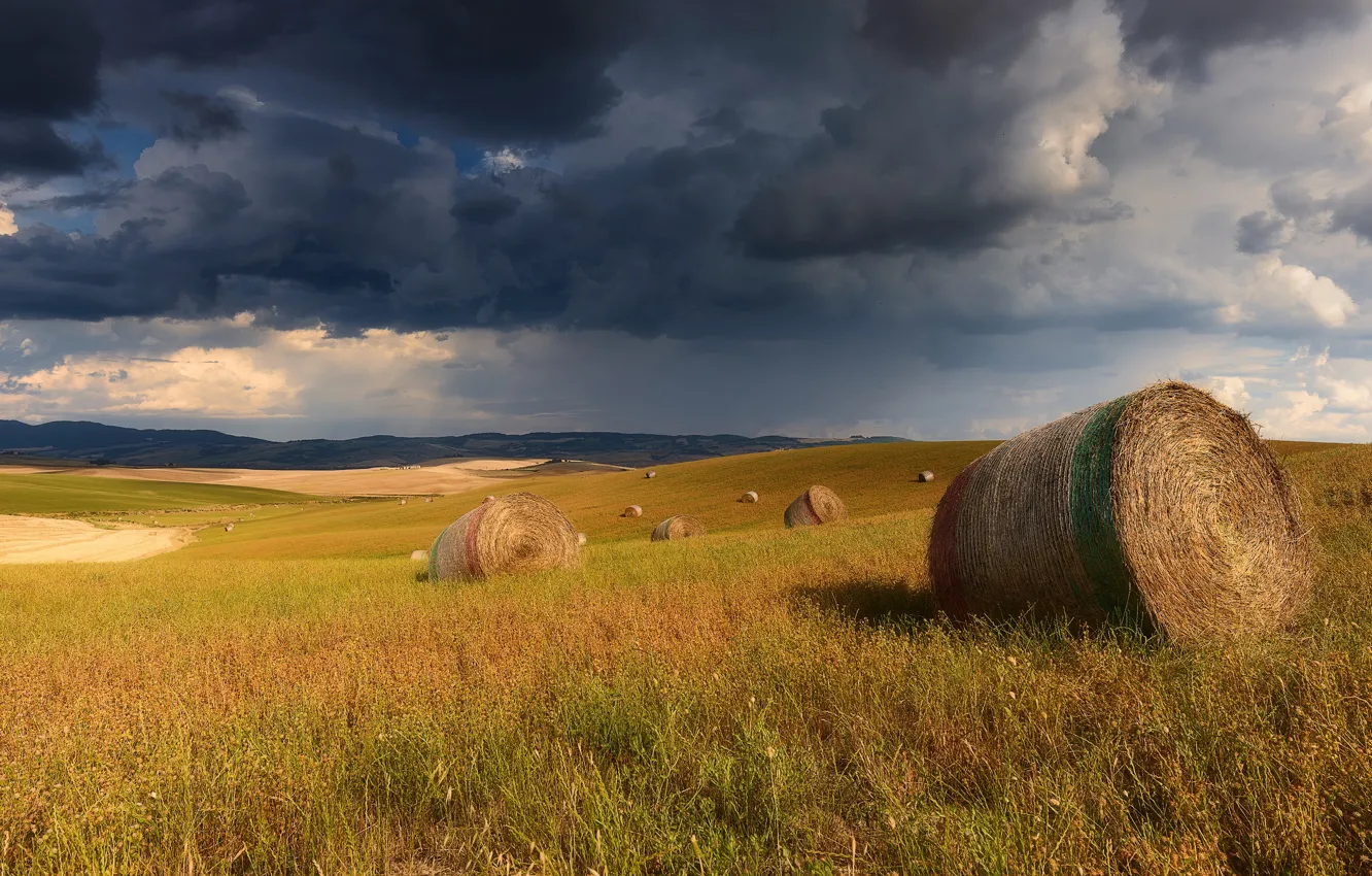 Photo wallpaper field, summer, the sky, clouds, hay, bales, storm, bales