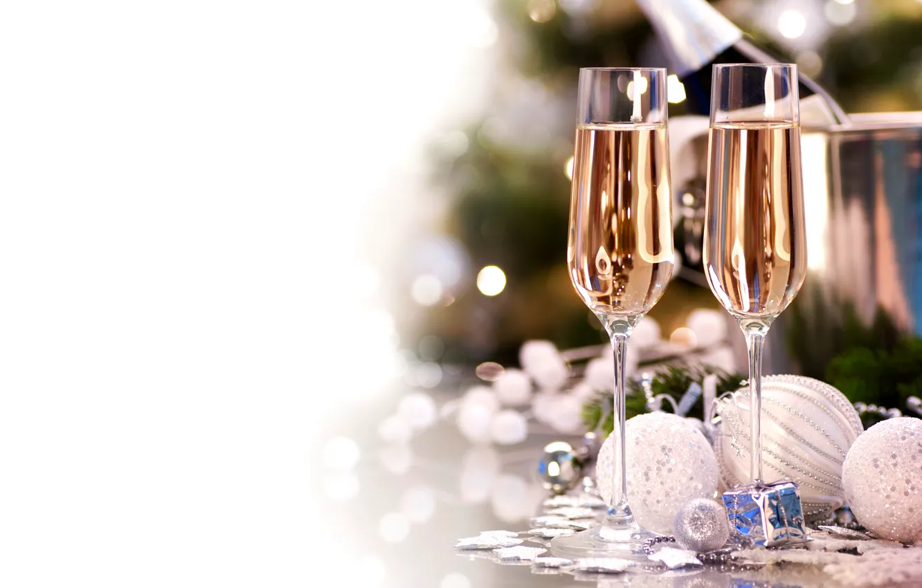 Photo wallpaper balls, toys, New Year, glasses, Christmas, the scenery, white, champagne