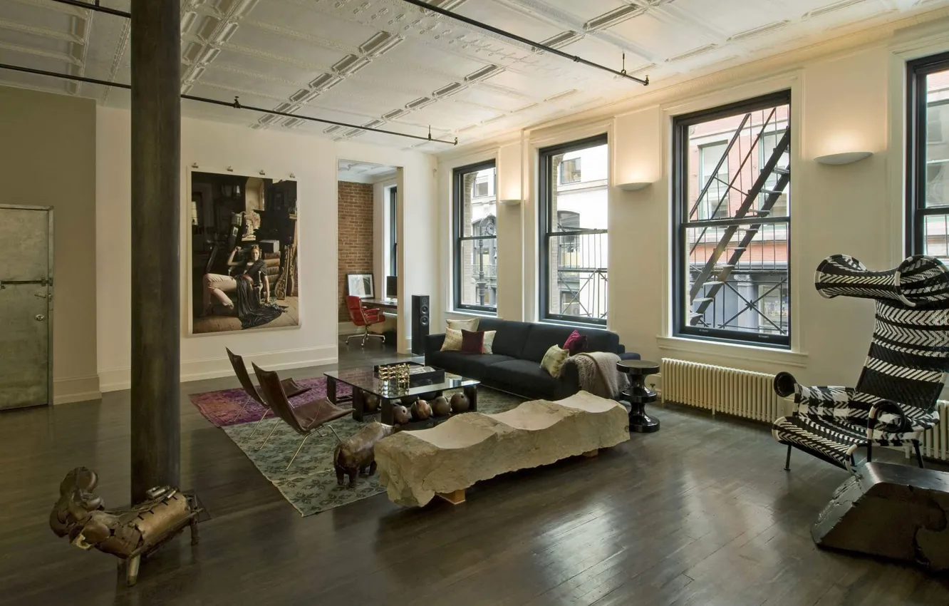 Photo wallpaper design, style, interior, New York, megapolis, New York, living room, by David Howell Design