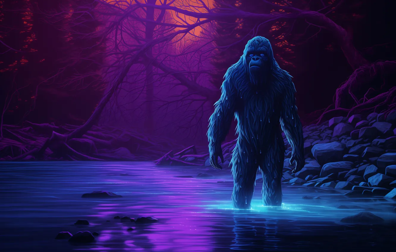 Photo wallpaper trees, being, river, Yeti, Bigfoot, digital art, Bigfoot, AI art