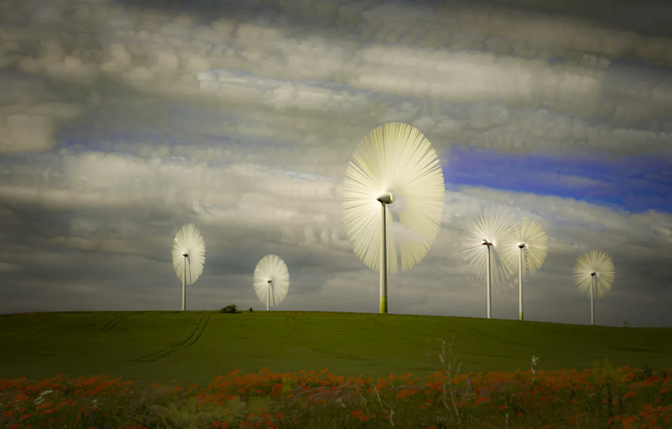 Photo wallpaper field, the sky, clouds, Maki, windmills